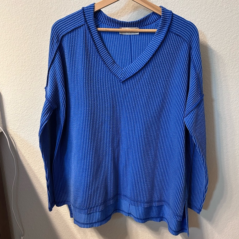 Zenana Blue V-Neck Ribbed Sweater - Sz S/M